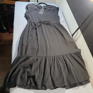 Laurel Grey Charcoal Black 100% Cotton Gauze Tiered V-Neck Midi Dress Medium NWT